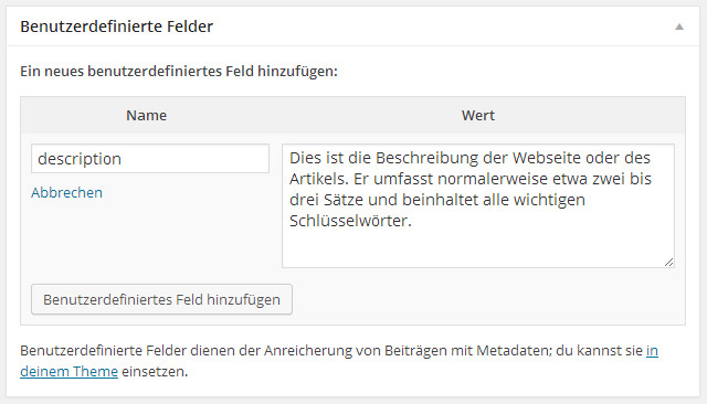 Description in benutzerdefinierten Feldern